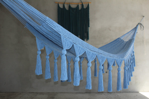 Hamaca De Algodón Artesanal Con Esferas Color Azul